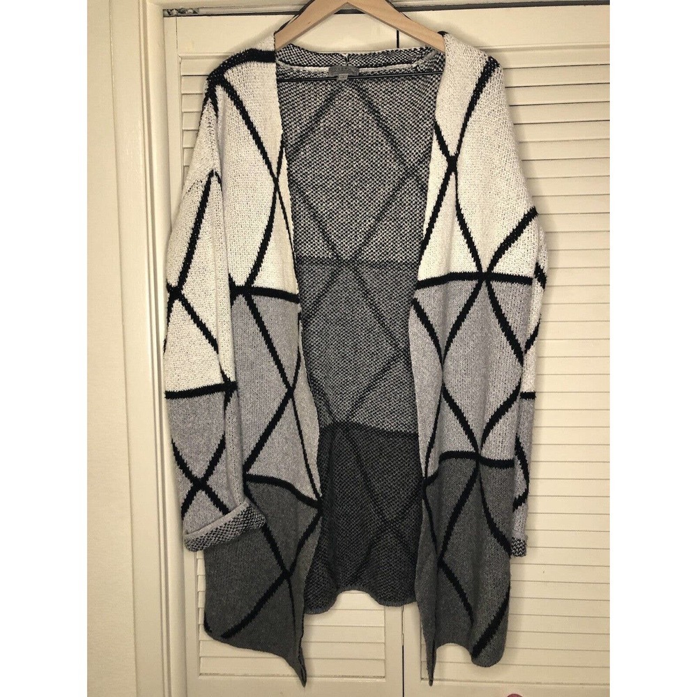 Joseph A Open Long Cardigan Sweater Small Grid Ombre Gray Multi NWOT